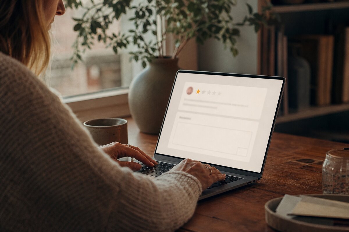 Ondernemer reageert op een review op een laptop