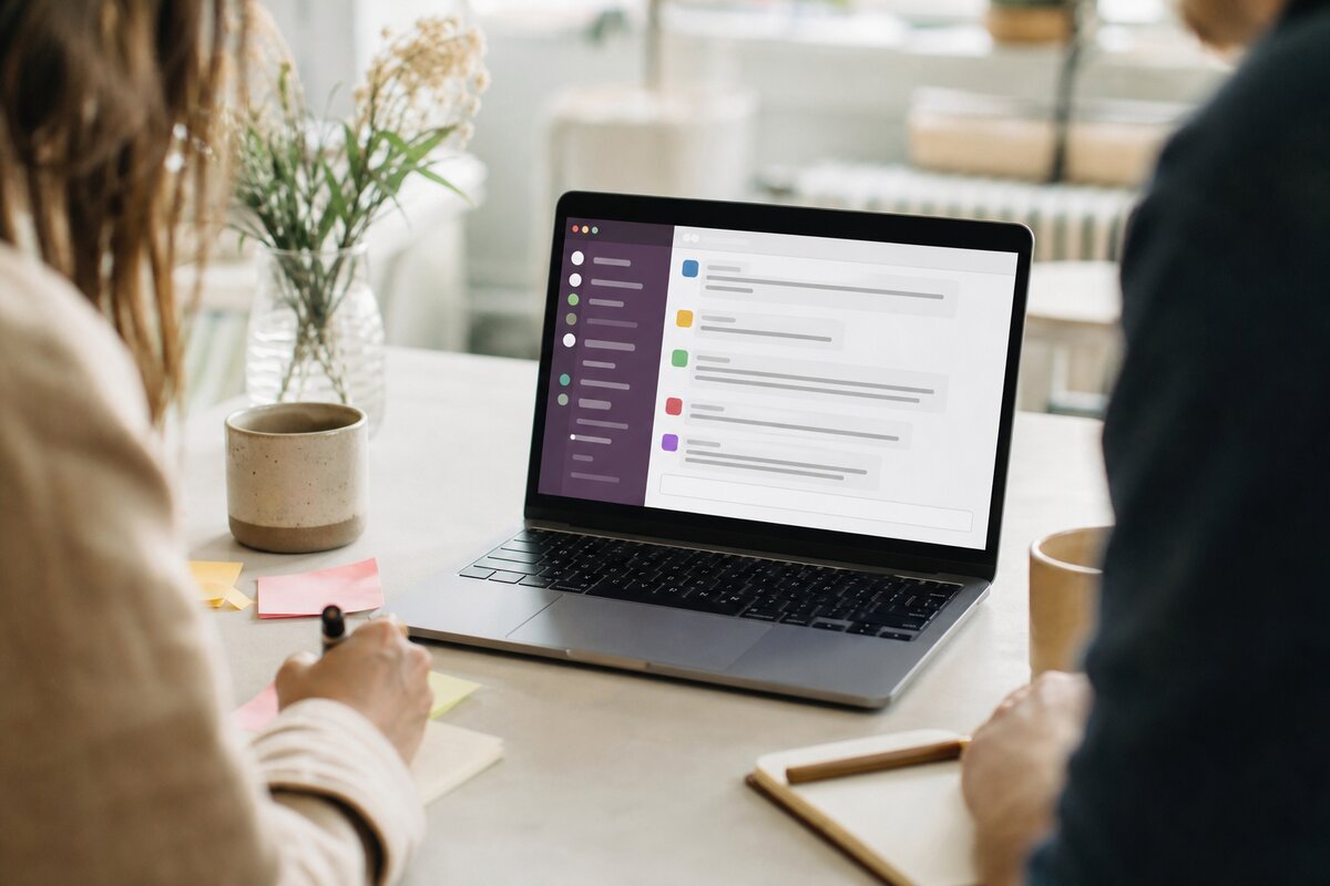 Laptop met een teamchat-interface